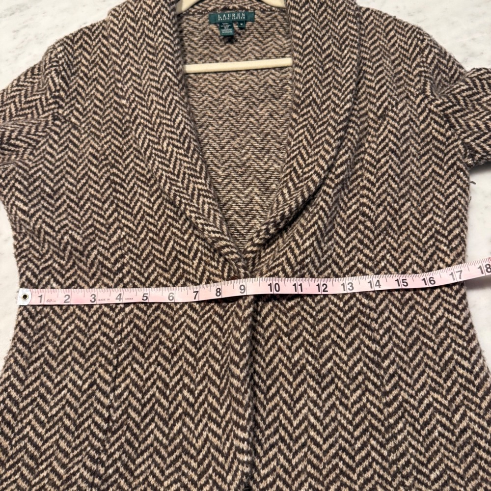 Lauren Ralph Lauren Wool Cashmere Herringbone Shawl Cardigan Brown M - Picture 6 of 8